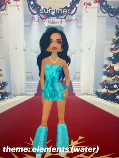 an animated image of a woman in a blue dress and boots standing on a red carpet