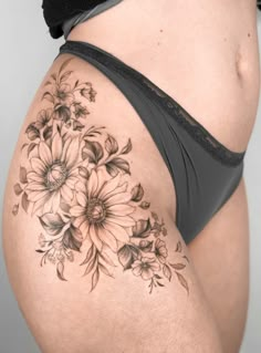 Women With Thigh Tattoos, Hip Thigh Tattoos Women, Floral Hip Tattoo, Side Thigh Tattoos, Floral Thigh Tattoos, Flower Thigh Tattoos, Hip Thigh Tattoos, Hip Tattoos Women, Spine Tattoos For Women