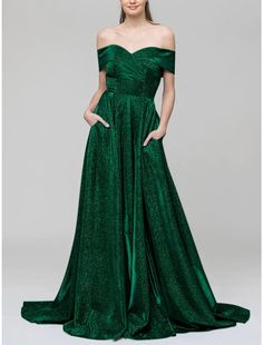 A-Line Evening Gown Sparkle & Shine Dress Formal Court Train Short Sleeve Off Shoulder Sequined with Glitter Pleats 2024 Glamorous Green Off-shoulder Dress, Green Off-shoulder Prom Dress, Fitted Green Glitter Dress, Glitter Dresses For Banquet During Party Season, Glitter Dresses For Banquet And Party Season, Glitter Dress For Banquet And Party Season, Green Fitted Dress With Glitter Details, Green Glitter Fitted Dress, Green A-line Evening Dress For Homecoming