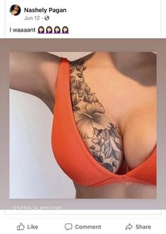 a woman wearing an orange bra top with flowers on it's chest and the words someone tell me no