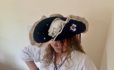 One Of A Kind, Handmade, Blue Felt, White, Lace, Pirate, Navy, Nautical, Hat, Feather and Ribbon, Embellishments, Georgian, Adult, Unisex, Hat. This hat would be perfect for a naval or pirate themed ball costume, steampunk garb or as part of a pirate or nautical production. Please take a look at other original costumes and accessories available in my shop. I am regularly creating new pieces so remember to favourite or follow my shop to remain updated. Many thanks for visiting. Original Costumes, Ribbon Embellishments, Ball Costume, Pirate Theme, Ric Rac, Costume Hats, Lovely Necklace, Scorpion, Costume Accessories