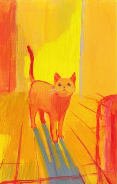 a painting of a cat standing on a wooden floor in front of a yellow wall