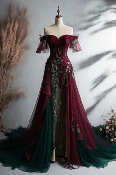 Elegant Off The Shoulder Tulle Prom Dress Prom Dress Vintage, डिजाइनर कपड़े, Burgundy Prom, Vintage Prom, Fantasy Dresses, Burgundy Prom Dress, Prom Dress Inspiration, Fantasy Gowns, Fairytale Dress