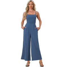 Introducing the Allegra K Linen Sleeveless Jumpsuit for Women's Spaghetti Strap Backless Wide Legs Romper. This stylish jumpsuit comes with adjustable spaghetti straps and a backless design featuring a bow-tie back. It also has an elastic waistband and wide legs for extra comfort. The jumpsuit is made of lightweight and soft linen material, which is breathable and perfect for wearing in summer or spring. This versatile jumpsuit is suitable for various occasions such as the beach, travel, vacatio Wide Leg Romper, Stylish Jumpsuit, Jumpsuit Elegant, Linen Jumpsuit, Sleeveless Jumpsuits, Wide Leg Jumpsuit, Jumpsuits For Women, Wide Leg Pants, Spaghetti Strap