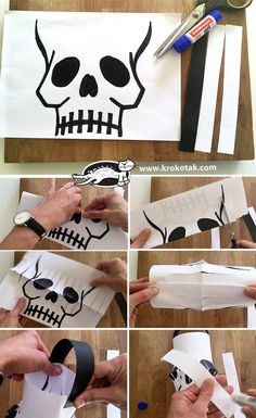 the steps to make a paper skull with scissors and tape on it, including cut outs