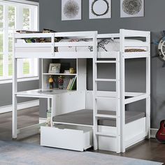 a white bunk bed with stairs and desk in a room next to a wall mounted clock