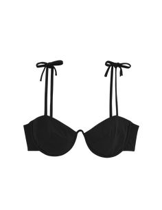 Black underwire bikini top with shoulder ties by Araks Underwire Swimwear With Padded Cups For Sunbathing, Underwire Swimwear With Padded Cups For Beachwear, Beachwear Swimwear With Removable Straps And Triangle Top, Removable Straps Triangle Top Swimwear Beachwear, Triangle Top Swimwear With Removable Straps Beachwear, Triangle Top Swimwear With Removable Straps For Pool, Summer Strappy Swimwear With Removable Straps, Summer Swimwear With Padded Underwire Cups, Summer Underwire Swimwear With Padded Cups