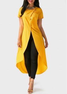 Round Neck Solid Yellow High Low Blouse Mode Kimono, Long Kurti Designs, Trendy Fashion Tops, Elegante Casual, Classy Dress Outfits, African Print Fashion Dresses, African Clothing Styles, African Design Dresses, Latest African Fashion Dresses