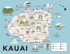 an illustrated map of kauai, hawaii with all the attractions and places to see