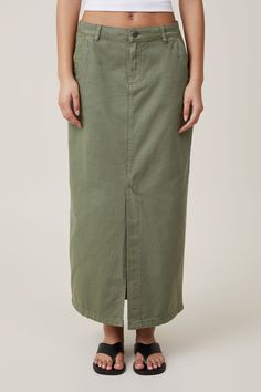 Ryder Utility Maxi Skirt Fall Cotton Cargo Skirt With Relaxed Fit, Relaxed Cotton Midi Skirt, Cotton Midi Skirt With Pockets, Cotton Maxi Skirt With Relaxed Fit And Lining, Cotton Pencil Skirt For Spring, Green Cotton Midi Skirt, Spring Cotton Pencil Skirt, Green Cotton Maxi Skirt, Relaxed Fit Cotton Maxi Skirt