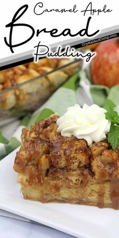 a slice of caramel apple pudding on a white plate