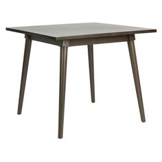 a square wooden table with metal legs