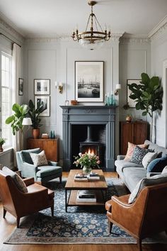 a living room with couches, chairs and a fire place in the fireplace area