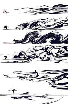 three black and white images of waves in the ocean, with one person on skis