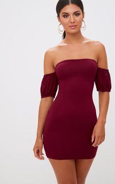 Burgundy Puff Sleeve Bardot Bodycon Dress Body Con Dress Outfit, Tight Fitted Dresses, Dresses Cheap, Money Talks, Dress Sale, Ribbed Dresses, Cheap Prom Dresses, Versatile Dresses