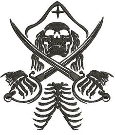 a skull and two crossed swords on top of a skeleton with wings in the center