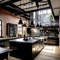 an industrial style kitchen with black appliances and wood flooring, exposed brick walls and windows