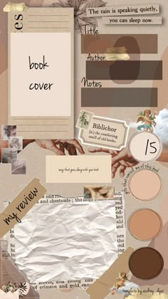 a collage of different types of papers and pictures with words on them that read book cover