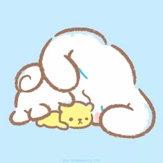 a drawing of a teddy bear sleeping on top of a yellow stuffed animal in front of a blue background