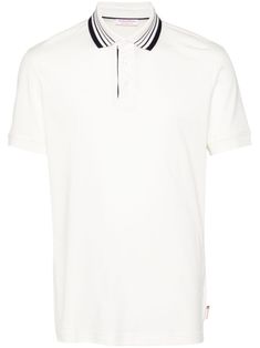 white cotton-lyocell blend mélange effect front button placket striped polo collar short sleeves with ribbed cuffs straight high-low hem Classic Striped Polo Shirt With Collared Neckline, Classic Striped Polo Shirt, White Polo Shirt With Striped Cuffs, White Polo Collar Top With Striped Cuffs, Modern White Short Sleeve Polo Shirt, White Polo Shirt With Striped Collar For Workwear, White Collared Polo Shirt, Casual Short Sleeve Polo Shirt With Striped Cuffs, White Top With Contrast Collar