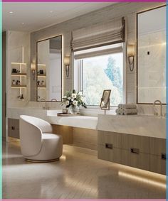 a large bathroom with two sinks and a bathtub in front of a window that is lit by lights