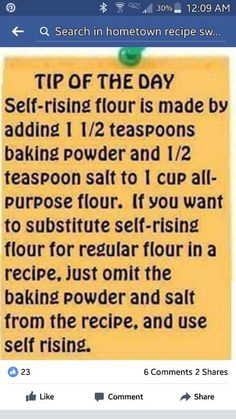 a post - it note with the caption top of the day self - rising flour is made by adding 1 / 2 teaspoons baking powder and 12 cup / 2 / 2 / 4