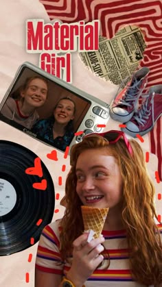 a girl eating an ice cream cone next to a record