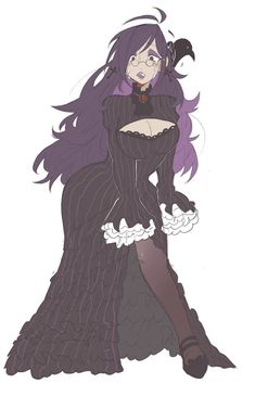 a drawing of a woman with long purple hair wearing a black dress and holding her arms crossed