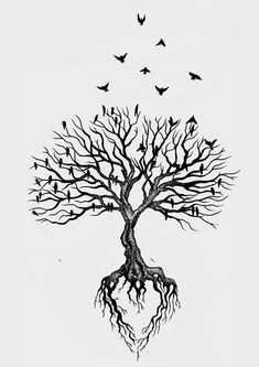 a drawing of a tree with birds flying around it and roots in the shape of a heart