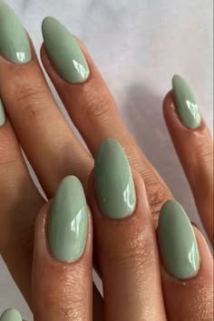 Simple Light Color Nail Ideas, Spring Nails Subtle, Nail Ideas April, Spring Classic Nails, Lite Green Nails, Acrylic Nails Almond Pastel, Sage Nail Polish, Plain Green Acrylic Nails, Trendy Nails Solid Color