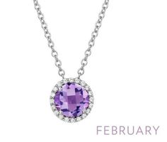 February - Amethyst. Adorn yourself with Lafonn's birthstone jewelry. The necklace is set with a genuine round 1.05 CTW amethyst surrounded by Lafonn's signature Lassaire simulated diamonds in sterling silver bonded with platinum. Luxury Purple Birthstone Necklace, Disney Necklace, February Birthstone Necklace, The Necklace, February Birthstone, February Birth Stone, Birthstone Necklace, Birthstone Jewelry, Birthstone