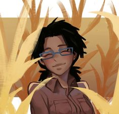 an anime character with glasses standing in front of some corn stalks and looking at the camera