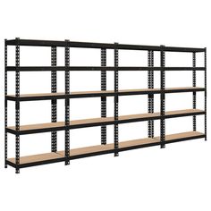 an industrial shelving unit with four shelves and two wooden shelves on each side,