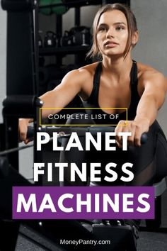 the complete list of planet fitness machines for women and men, includes an image of a woman on a stationary exercise bike