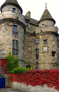 an old castle with red flowers growing on it