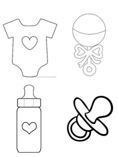 the baby's bodysuit, pacifier and other items are shown in black and white