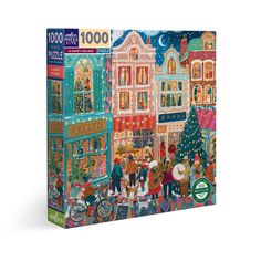 a jigsaw puzzle box with people in the street and christmas decorations on it