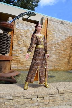 "Pool side and Summer party glam. Vintage Aztec abstract printed cotton dress with statement gold trim. Tim features bead detail. Skirt features front slits. Beky is attached. Wide crew collar. Boutique label. Fully lined. Fits M to L range. Shoulder 18\" Bust 40\" Waist 32\" Hip 42\" Length 53\". Very good condition, pre worn, no issues. Ask any questions. Follow socially via @covetedge on Instagram." Pool Side, Printed Cotton Dress, Style Expert, Vintage 60s, Summer Party, Dress Clothes For Women, Palm Springs, Cotton Dress, Gold Trim