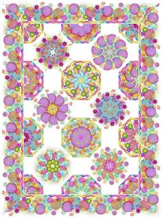 an abstract floral design with many colors and shapes in the center, on white background