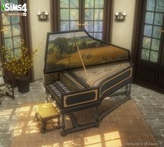 a grand piano sitting on top of a rug in a living room next to windows