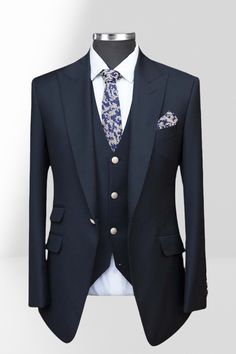 Discover Brady Navy Blue Slim Peak Collar Three Piece Wedding Suit | Gold Jacquard Buttons with bradymensuit. Shop for a range of Dark Navy Peaked Lapel men's suits for every occasion with rush order service in cheap price. Blue Tuxedo Style Three-piece Suit For Wedding, Classic Royal Blue Wedding Suits, Tailored Royal Blue Suit For Wedding, Royal Blue Tailored Suit For Wedding, Royal Blue Tailored Wedding Suits, Fitted Royal Blue Blazer For Wedding, Royal Blue Fitted Blazer For Wedding, Elegant Blue Formal Unstitched Suit, Blue Tuxedo Blazer For Ceremonies