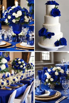 blue and white wedding decor with flowers in vases, plates and napkins on the table