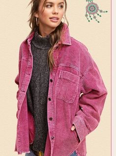 Add a lively flair to your wardrobe with the Come Alive Oversized Corduroy Shacket! This washed finish jacket features a frayed hem and oversized fit, along with a collar, button placket, and matching button cuffs. Dropped long sleeves and an oversized front pocket add to the fun and versatility of this jacket, making it a must-have for all seasons. Color: Black, Camel, Candy, Ecru or Coffee Fabric: 100% Coffee Includes: x1 Shacket Sizing: S-M-L, Regular Sizing Length: 29”- 30” *Actual colors may vary slightly due to product finishes over time and other factors. Cotton Shacket With Corduroy Collar, Oversized Winter Shacket With Corduroy Collar, Oversized Corduroy Button-up Shacket, Trendy Shacket With Corduroy Collar For Fall, Pink Corduroy Outerwear With Pockets, Spring Oversized Outerwear With Corduroy Collar, Oversized Spring Outerwear With Corduroy Collar, Trendy Oversized Outerwear With Corduroy Collar, Oversized Corduroy Outerwear For Spring