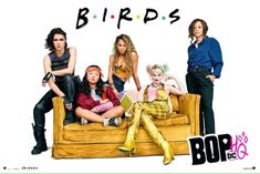 the cast of birds sitting on a couch