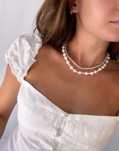 Freshwater pearls in alternating sizes, ranging from 3-9mm. Finished off with a gold plated sterling silver clasp and extension chain. Adjustable 17-19in. Diy Necklace Ideas Beads, Beads Chain, Pearl Necklace Diy, Pearls Jewelry Diy, Diy Pearl Necklace, Diy Beaded Rings, Pearls Diy, Belly Jewelry, Jewelry Design Inspiration