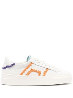 white/multicolour leather smooth grain contrasting trim round toe logo-print tongue logo stamp at side branded heel counter branded insole logo at the sole flat rubber sole front lace-up fastening White Low-top Platform Sneakers With Logo-print Tongue, White Platform Sneakers With Logo-print Tongue, White Leather Platform Sneakers With Logo-print Tongue, Casual White Platform Sneakers With Logo-print Tongue, White Low-top Sneakers With Stitched Sole, White Lace-up Platform Sneakers With Stitched Sole, White Low-top Platform Sneakers With Stitched Sole, Versace Outfit, Contrasting Trim