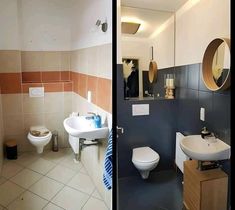 two pictures of a bathroom with toilet, sink and mirror