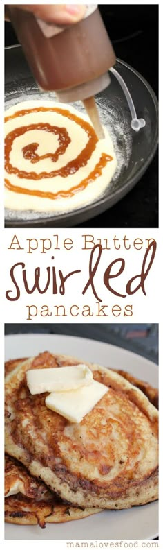 pancakes with butter and syrup on top are shown in three different pictures, one is being sliced