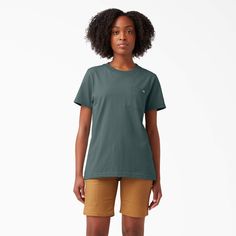 Our Women’s Heavyweight Short Sleeve Pocket T-Shirt enables you to get down to business while feeling comfortable. Built with a solid cotton fabrication, this jersey knit t-shirt is designed to stay soft. Yet this heavyweight material is durable enough to hold up to daily wear and tear. The shirt's functional chest pocket features the Dickies logo, and this pocket is big enough to store small work essentials. With a tagless neck label for a comfortable fit, this versatile t-shirt gets you throug Stay Soft, Dickies Women, Work Essentials, Celadon Green, Neck Label, Lifestyle Clothing, Hem Style, Pocket Tshirt, Knitted Tshirt