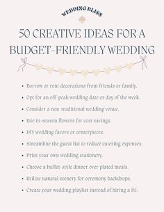 a wedding checklist with the words 50 creative ideas for a budget - friendly wedding